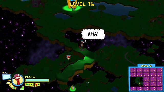 ToeJam is in the dark. Earl is on the level below, lit up by a sign that reads "Here I am!"