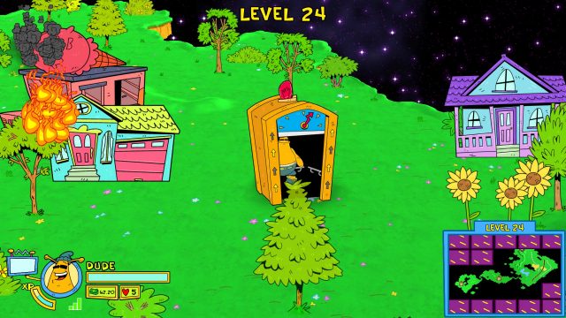 Earl hides in the elevator. An ice cream truck lurks nearby; a house burns.