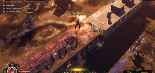 Hard West II train mission. Gunners on horsebacks flank a moving train.