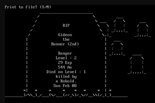 Grave marker for Gideon the Runner (2nd level Ranger), killed by a Kobold on Sunday, February 8th on the first level of the dungeon of Moria