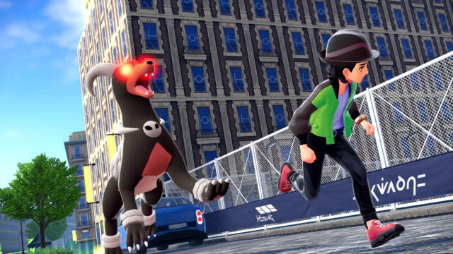 Early but indicative screenshot of Pokemon Legends Z-A, showing a trainer on the run from a Mega Houndoom