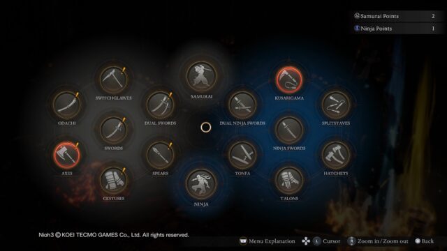 Graphic displaying the weapons available to the Samurai and Ninja in the game, with 7 weapons each in a circle for both jobs. The Samurai has access to: Swords, Switchglaives, Dual Swords, Spears, Cestuses, Axes, and Odachi. The Ninja has access to: Ninja Swords, Kusarigama, Splitstaves, Hatchets, Talons, Tonfa, and Dual Ninja Swords. 