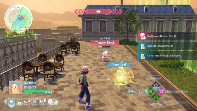 Late afternoon in Illumise, battling a Flaaffy on the rooftops with a Chikorita