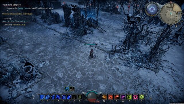 Screenshot from V Rising. The player is standing in a snowy ruin filled with gothic architecture, with many bat motifs.