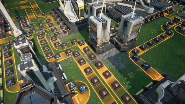 An example setup of AIC facilities in Arknights: Endfield. There are several white mechanical stations connected by holographic yellow conveyor belts carrying items between each station.