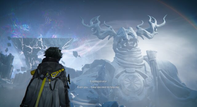 A screenshot from the opening tutorial of Arknights: Endfield. An enormous sculpture of Patriot (an antlered man in scrap armor) from the original game has its arm extended to form a bridge for the player character. The subtitle reads "Endministrator: Even you... have decided to help me."