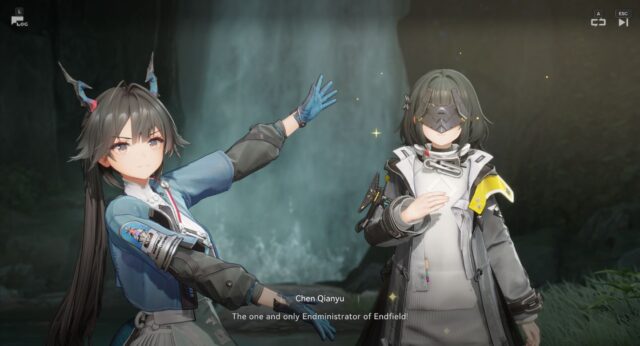 A screenshot from Arknights:Endfield. Chen is doing the Will Smith look at this meme pose, showing off the Endmin. There are sparkles.
