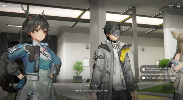 A screenshot from Arknights: Endfield. This is part of a cutscene showing the Endmin and Chen standing inside a building.