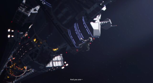 A screenshot from Arknights: Endfield. The Endmin is floating in space, arms out. A long ship floats above them. The subtitle reads, "And you are-"