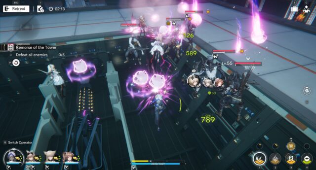 Screenshot from Arknights:Endfield. An electric team is fighting in a Protocol Space. Three icons indicating combo abilities are ready to activate are centered.