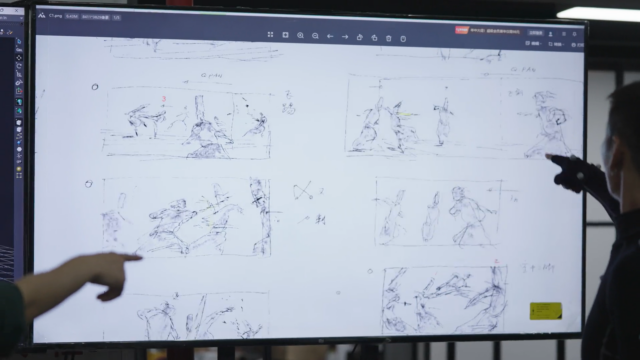 A screen is shown with in-development, drawn concept art of fight choreography.